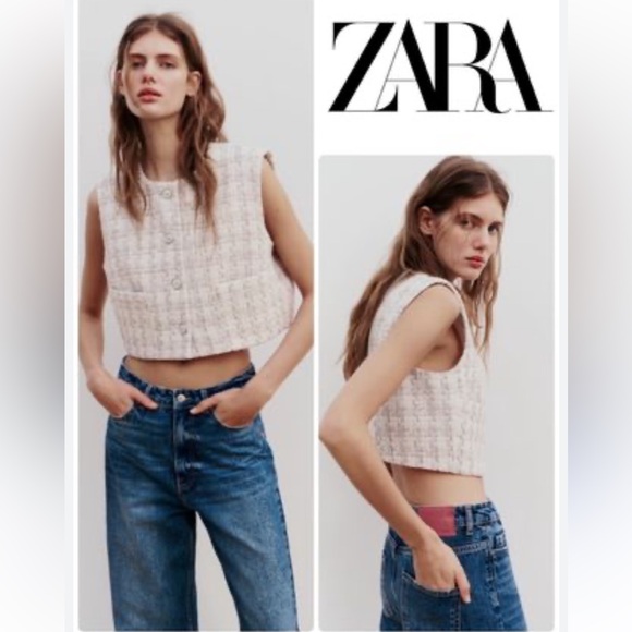 Zara Textured Cropped Vest Round neck Top Front pockets Ecru Beige size L NWT - Picture 5 of 16